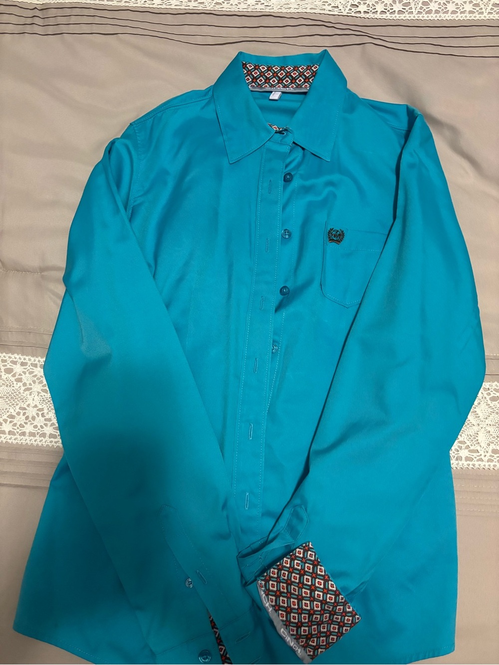 Cinch Teal Long-Sleeve Dress Shirt with Patterned Cuffs